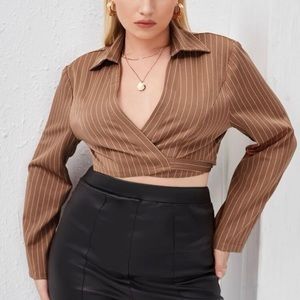 Plus stripe tie back wrap crop blouse